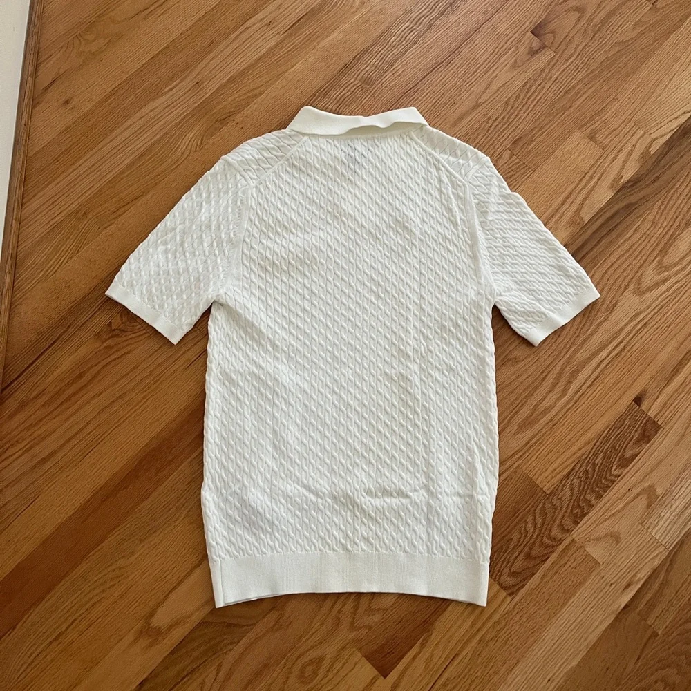 Reiss white cream cable knit v neck polo shirt